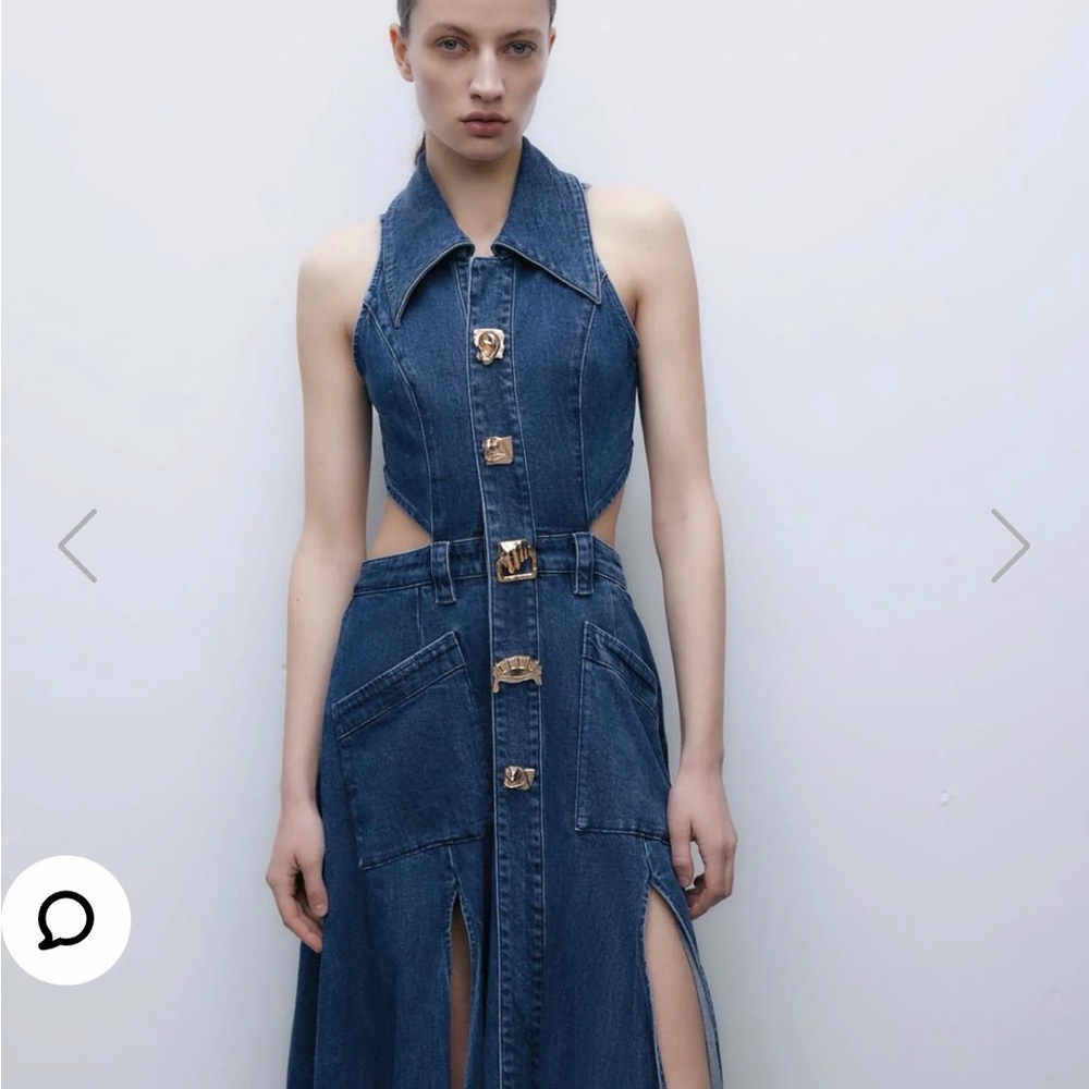 Denim Maxi Dress with Cutouts and Front Slit - Blue - Picture 6 of 9